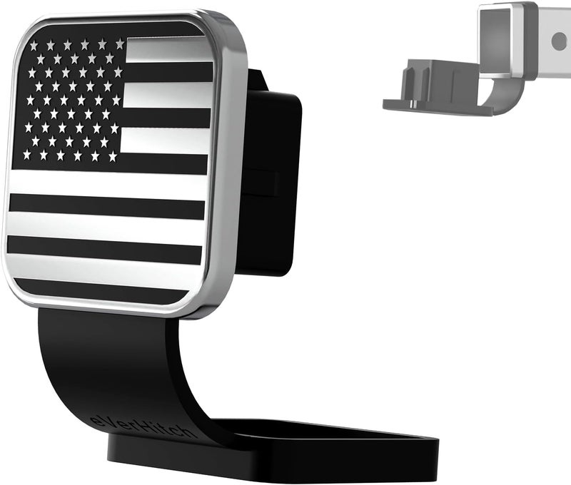 eVerHITCH 2 Inch Universal Flag Tow Hitch Covers, American Flag Trailer Hitch Cover Tube Plug Insert, Car Exterior Accessories, Receiver Tube Hitch Plug (Chrome and Black, Fits 2" Receiver) - Image 1
